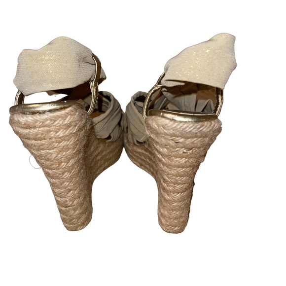 Nine West Wedge Sandals Tan With Gold Shimmer Women’s Size 5 1/2 5” Wedge - Picture 4 of 6